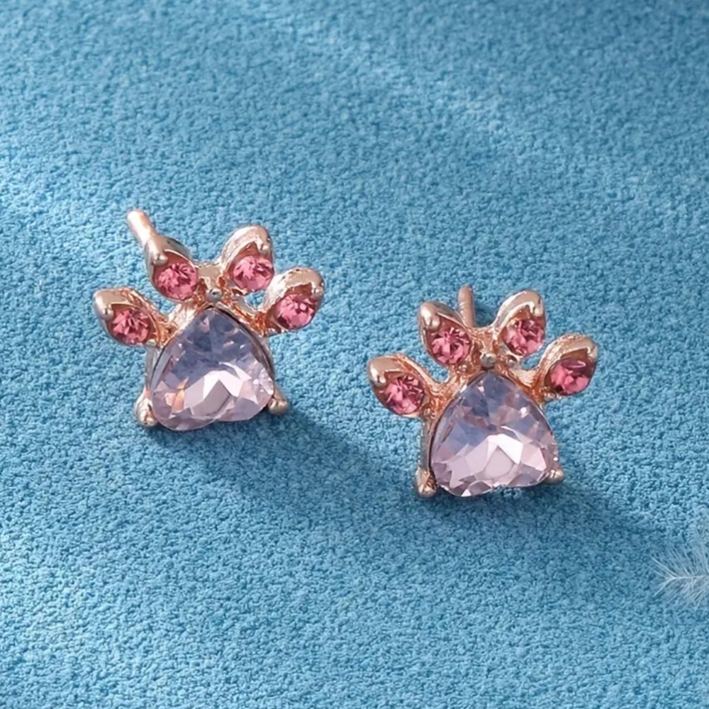 Crystal Pink Cat Dog Paw Earrings - Picture 6 of 7